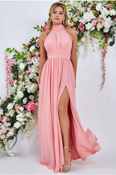 Goddiva Halterneck Chiffon Maxi Dress With Thigh Split - Peach