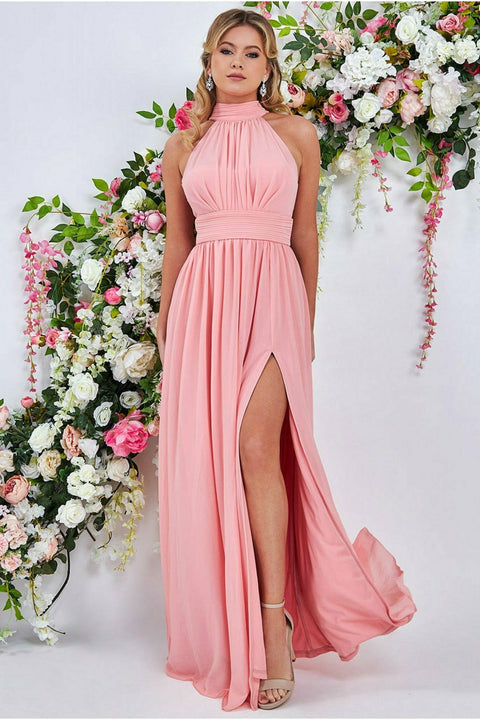 Goddiva Halterneck Chiffon Maxi Dress With Thigh Split - Peach