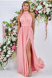 Goddiva Halterneck Chiffon Maxi Dress With Thigh Split - Peach