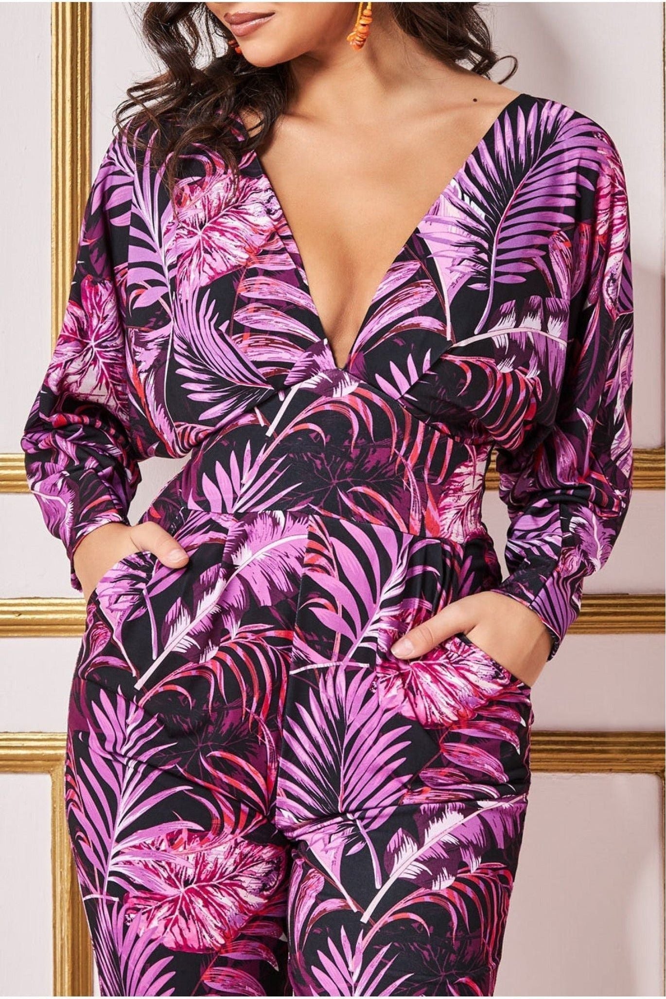 Goddiva Tropical Print Romper - Purple