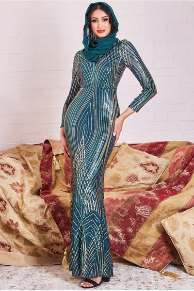 Emerald - Goddiva Modesty Two Toned Sequin Maxi - Emerald Green