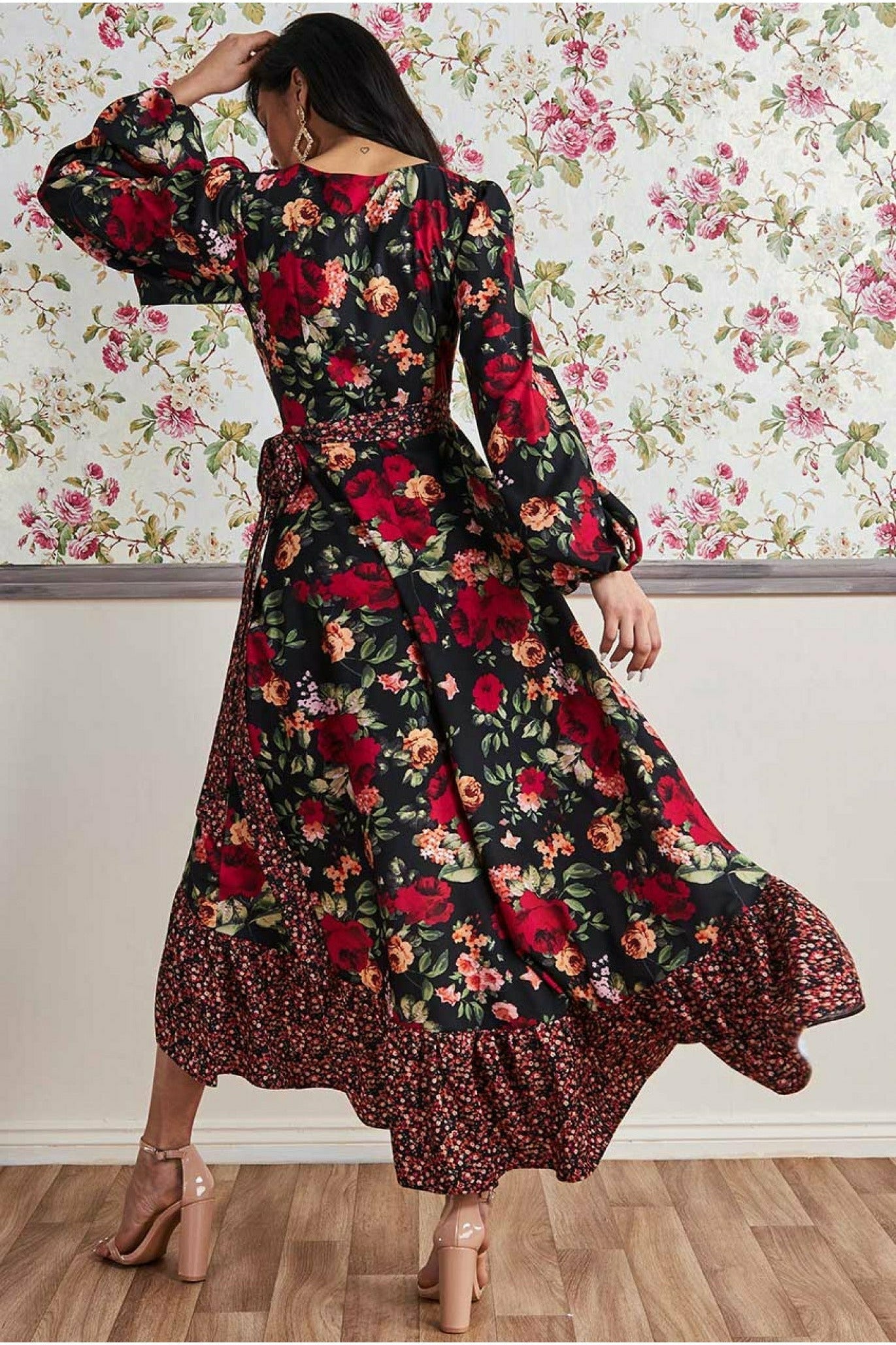 Goddiva Frill Hem Wrap Maxi Dress - Red Print