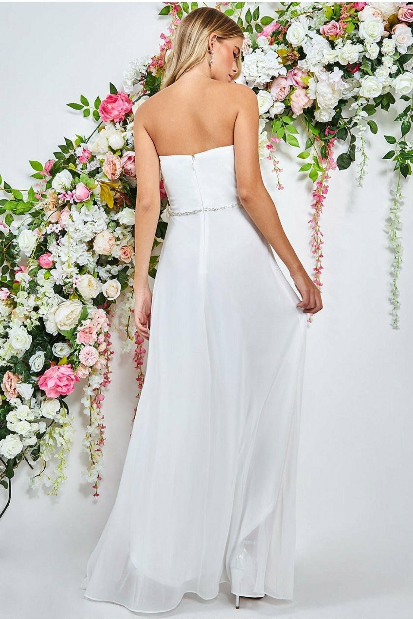 Goddiva Bardot Chiffon Wedding Dress With Belt - White