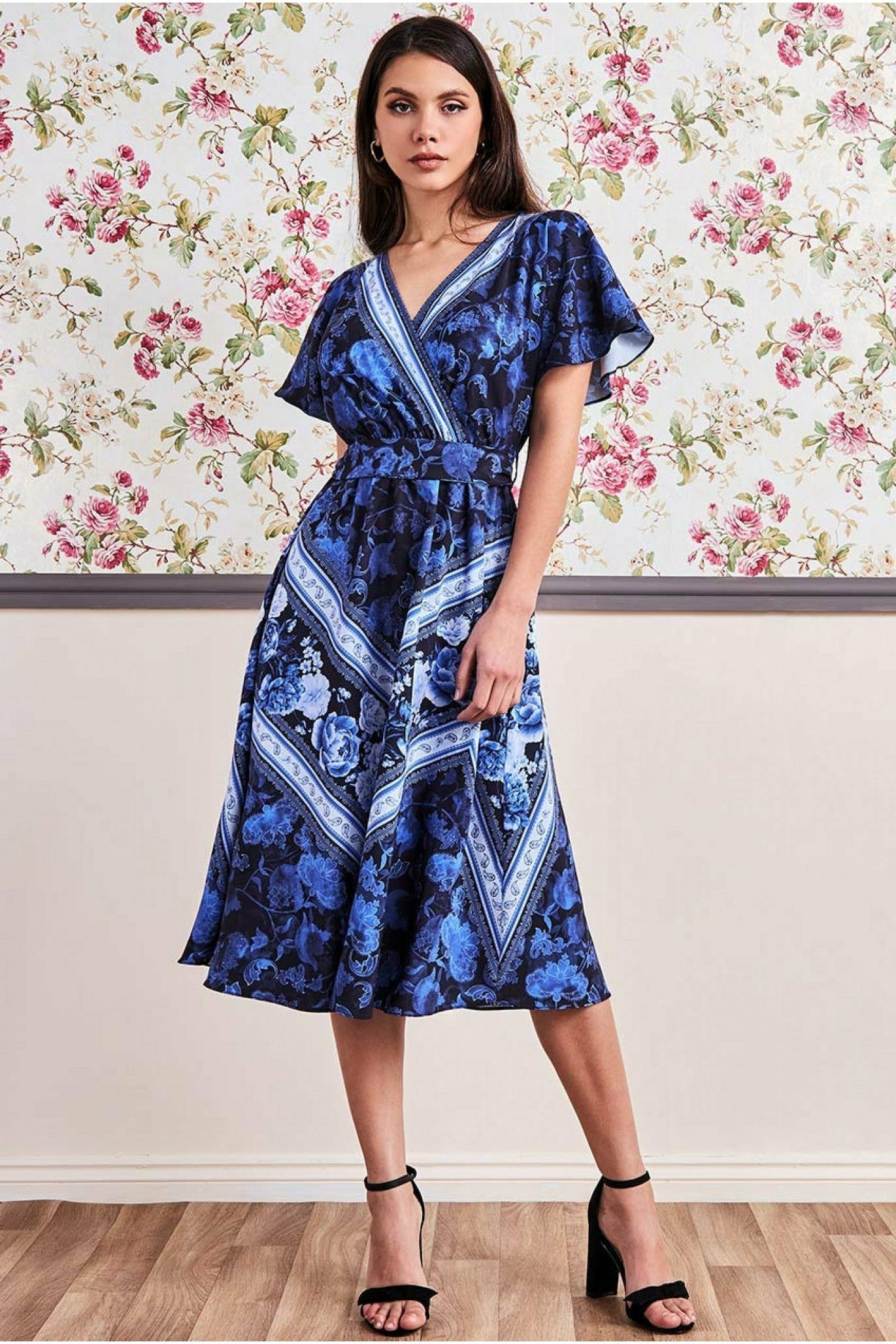 Goddiva Flutter Sleeve Wrap Style Midi Dress - Navy