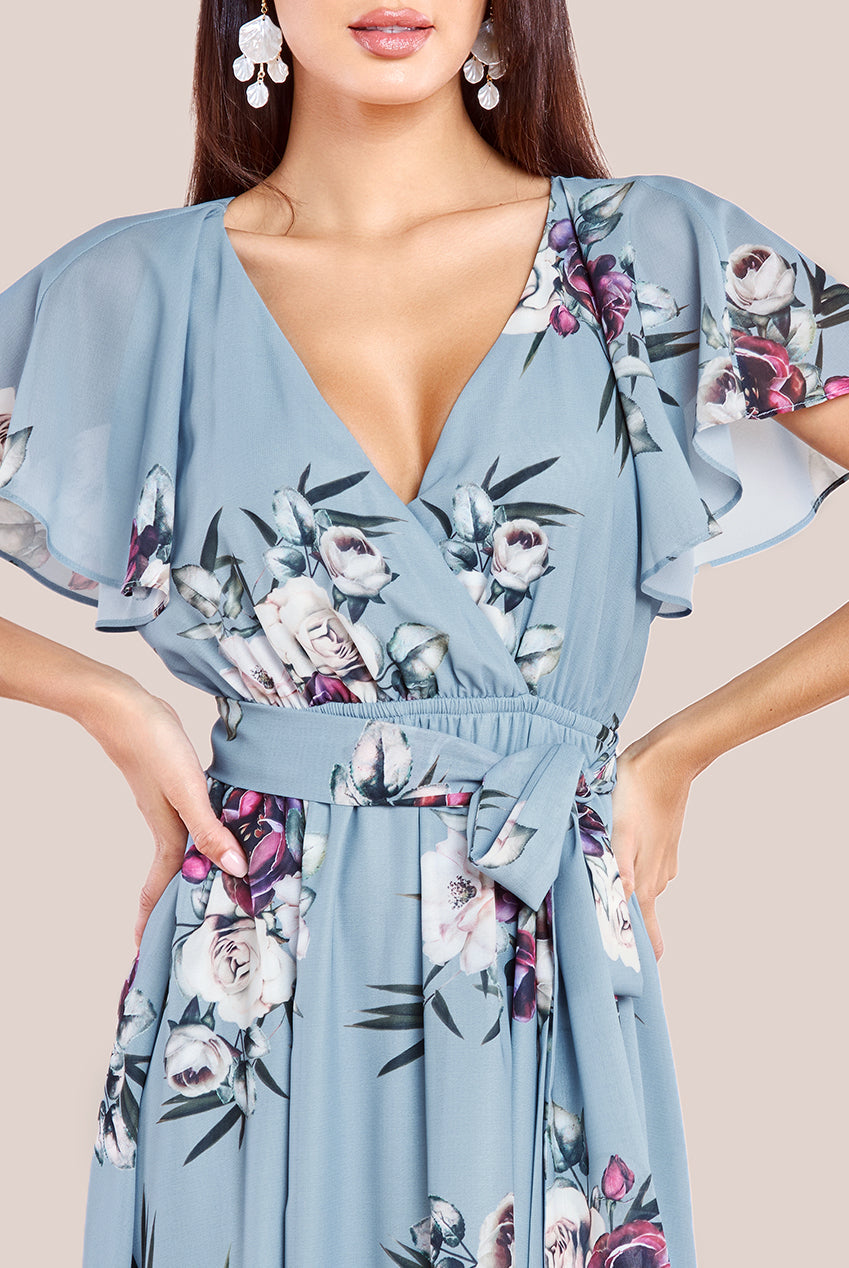 Goddiva Sustainable Printed Flutter Sleeve Maxi Dress - Airforce Blue