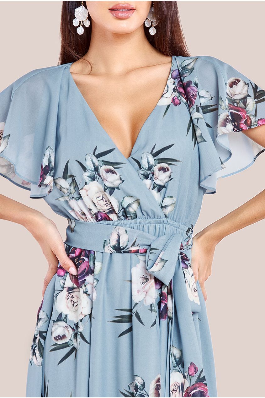 Goddiva Sustainable Printed Flutter Sleeve Maxi Dress - Airforce Blue