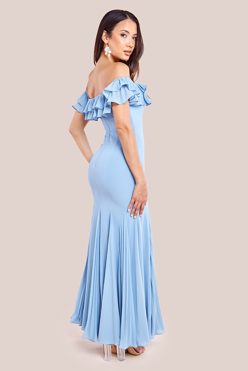 Goddiva Frilled Off The Shoulder Pleated Chiffon Maxi Dress - Dusky Blue