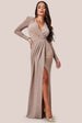 Goddiva Plunge Neck Wrap Front Split Lurex Maxi Dress - Nude