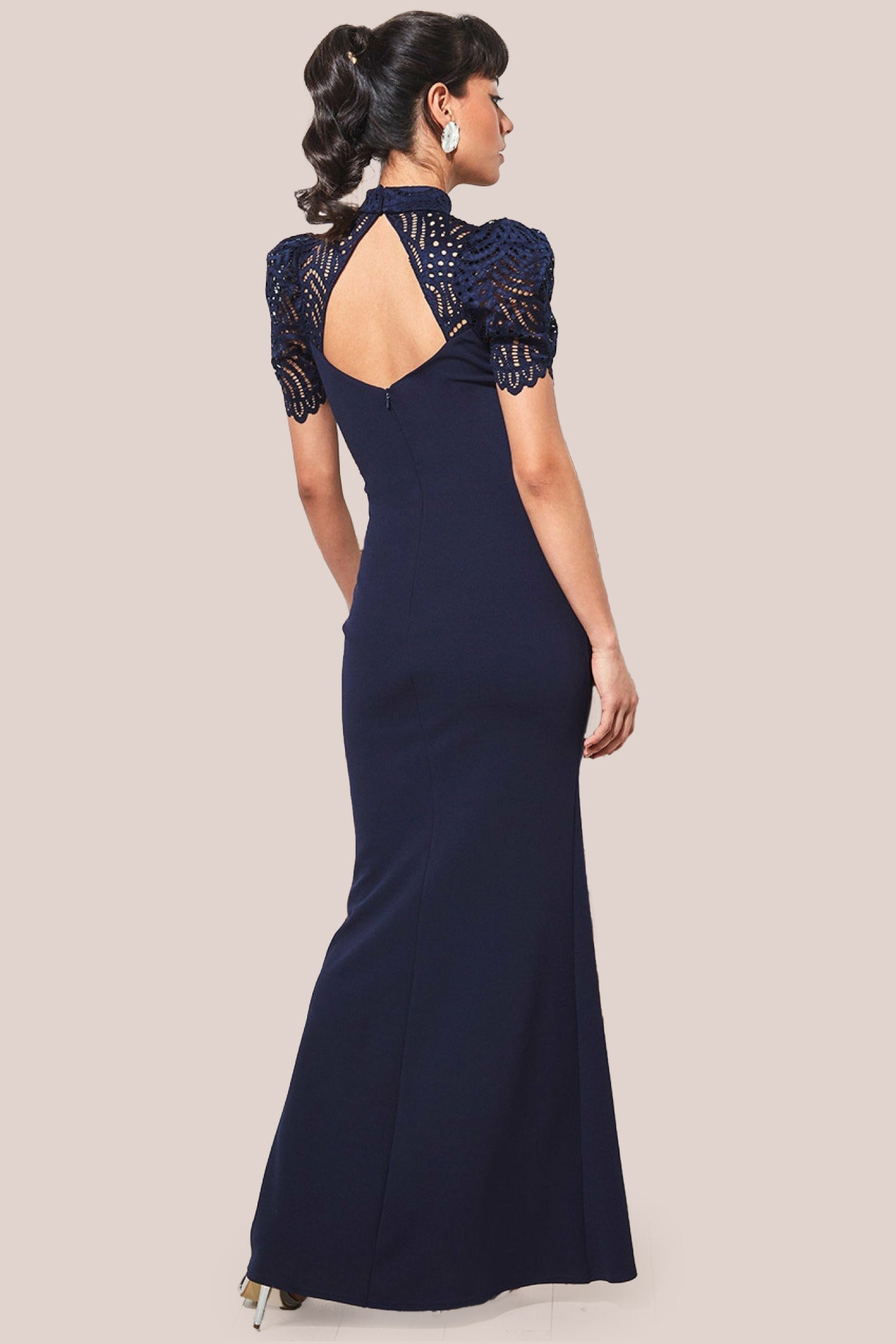 Goddiva Open Back Puffed Lace Top Maxi Dress - Navy