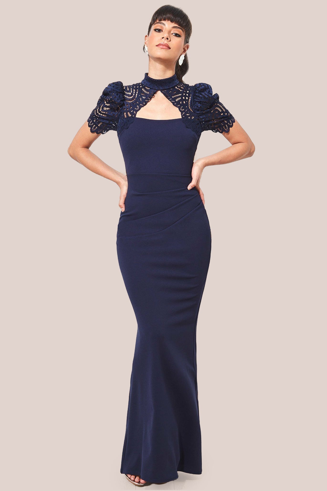 Goddiva Open Back Puffed Lace Top Maxi Dress - Navy