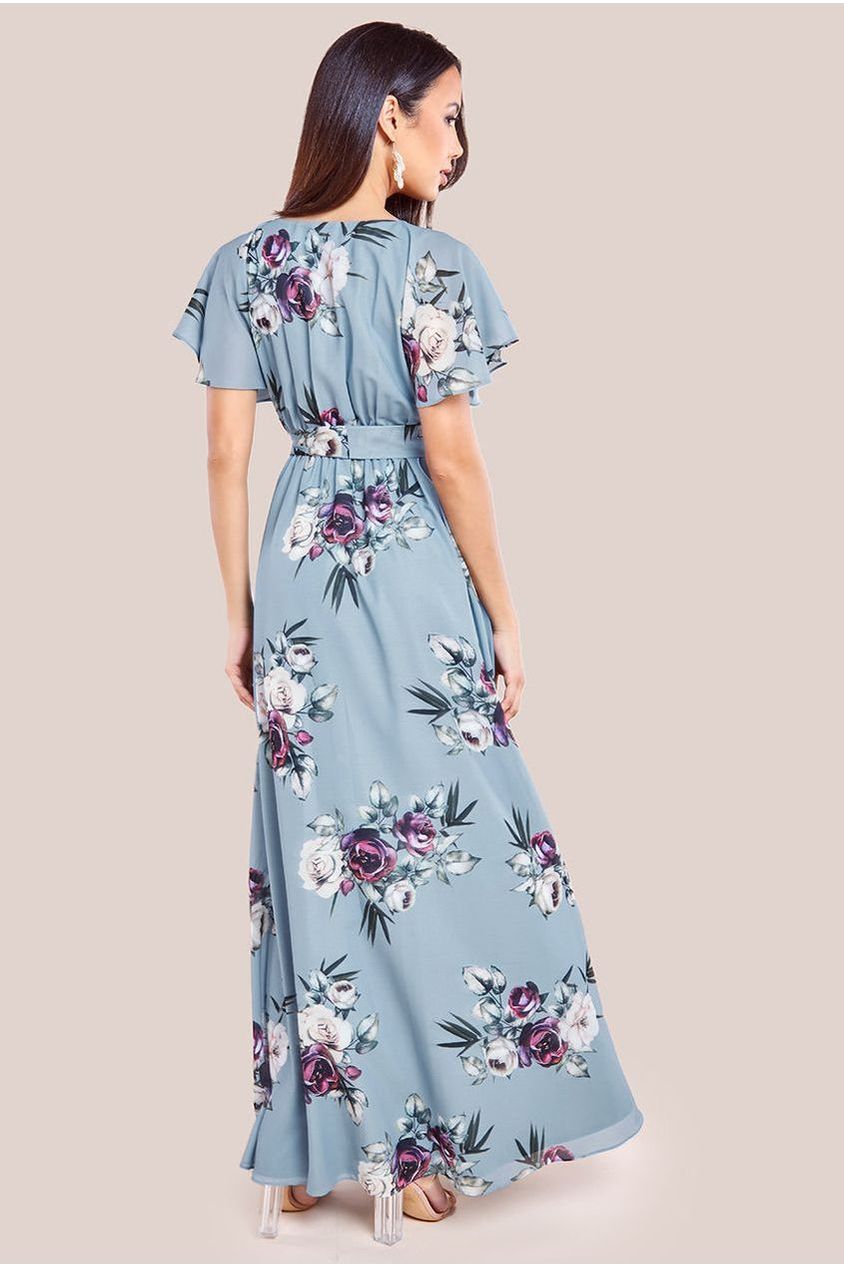 Goddiva Sustainable Printed Flutter Sleeve Maxi Dress - Airforce Blue