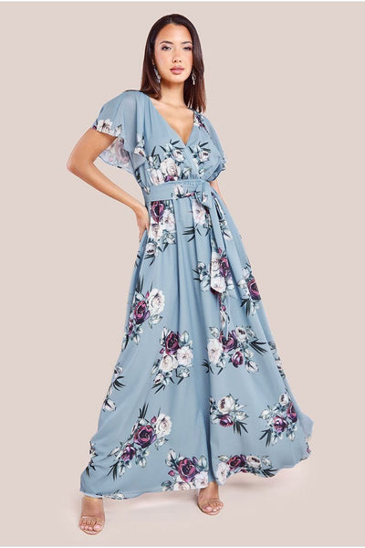 AirforceBlue - Goddiva Sustainable Printed Flutter Sleeve Maxi Dress - Airforce Blue