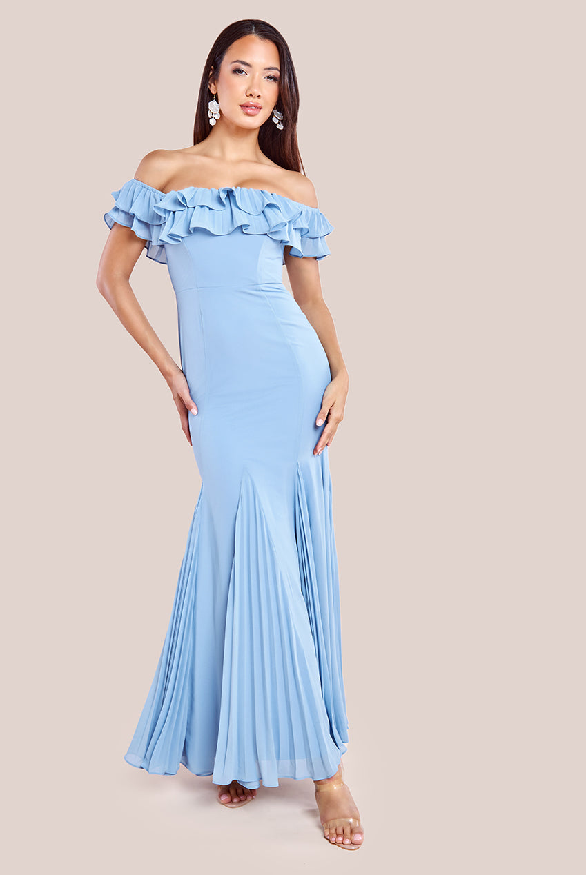 Goddiva Frilled Off The Shoulder Pleated Chiffon Maxi Dress - Dusky Blue