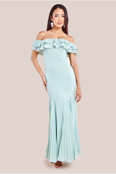 SageGreen - Goddiva Frilled Off The Shoulder Pleated Chiffon Maxi Dress - Sage Green