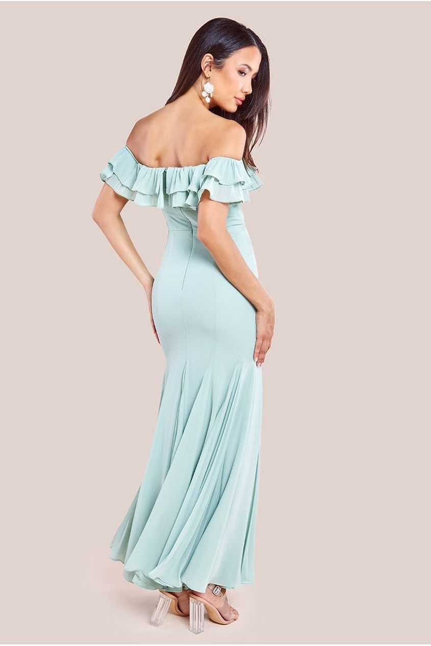 Goddiva Frilled Off The Shoulder Pleated Chiffon Maxi Dress - Sage Green