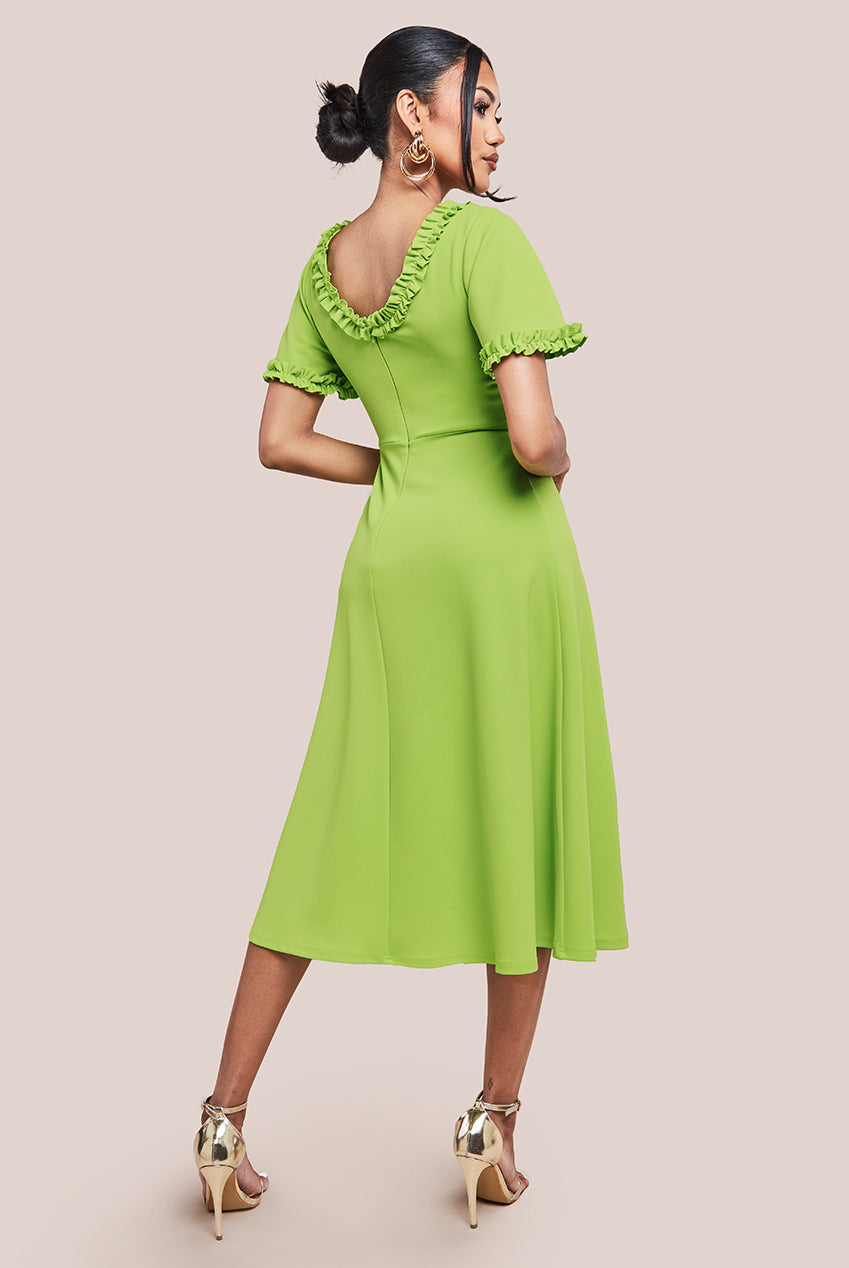 Goddiva Flare Sleeve Frill Edge Midi Dress - Lime Green