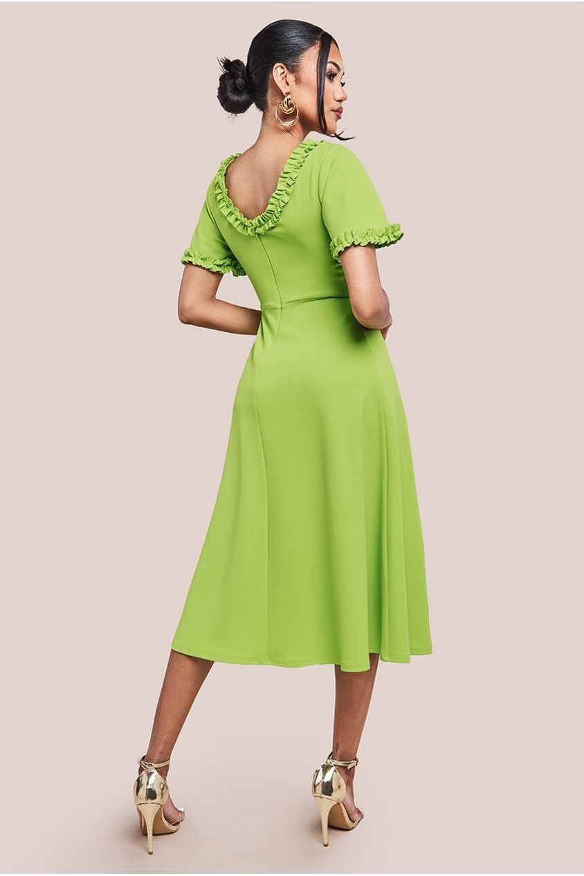 Goddiva Flare Sleeve Frill Edge Midi Dress - Lime Green