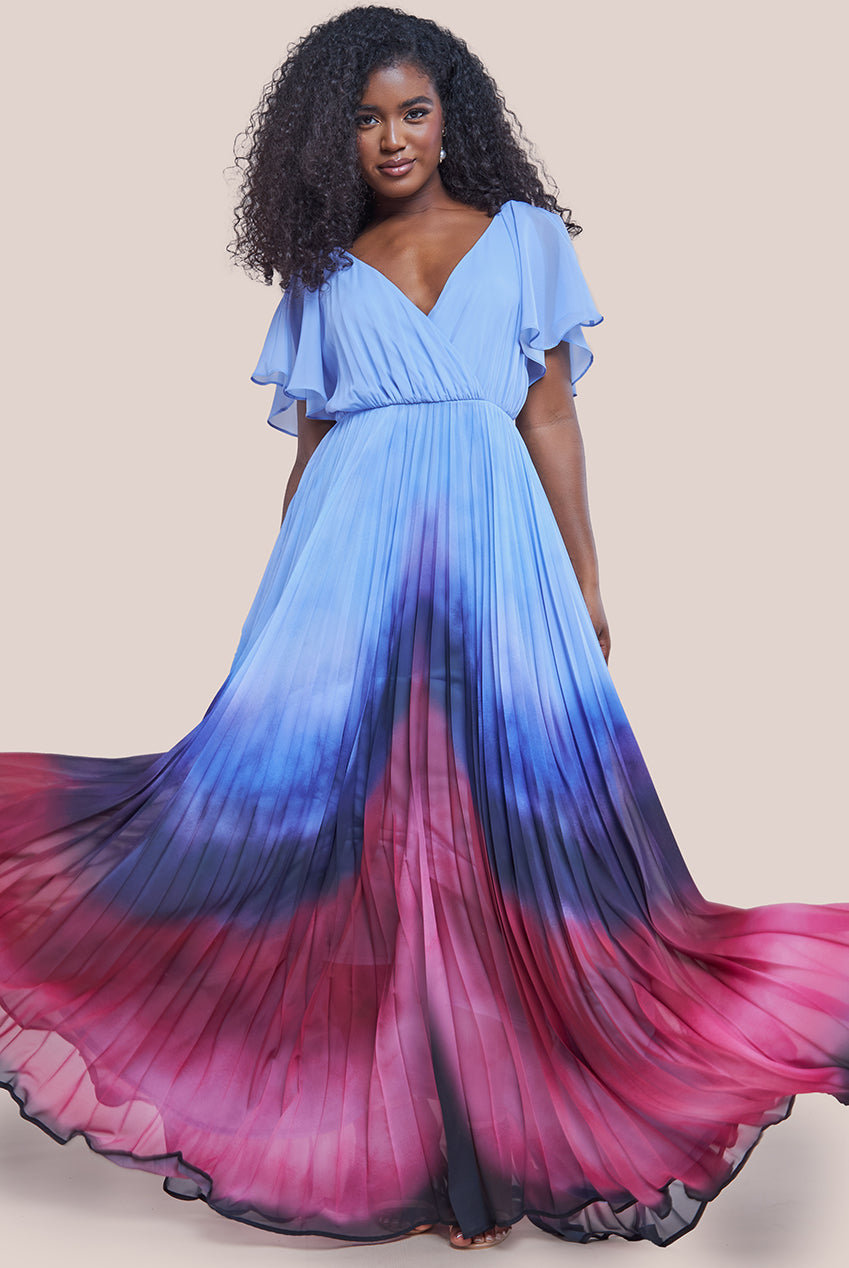 Goddiva Wavy Ombre A-Line Chiffon Maxi Dress - Blue