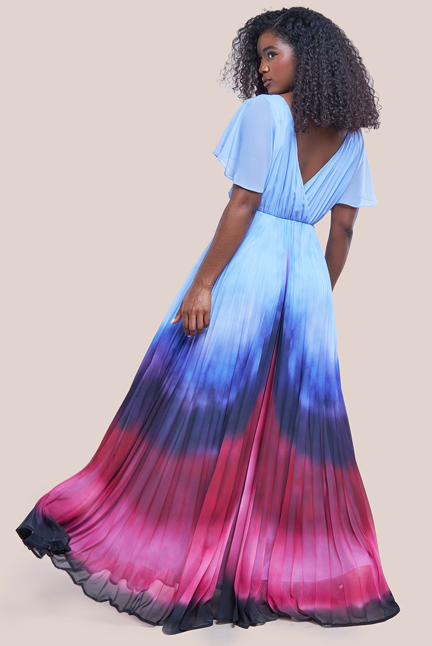 Goddiva Wavy Ombre A-Line Chiffon Maxi Dress - Blue