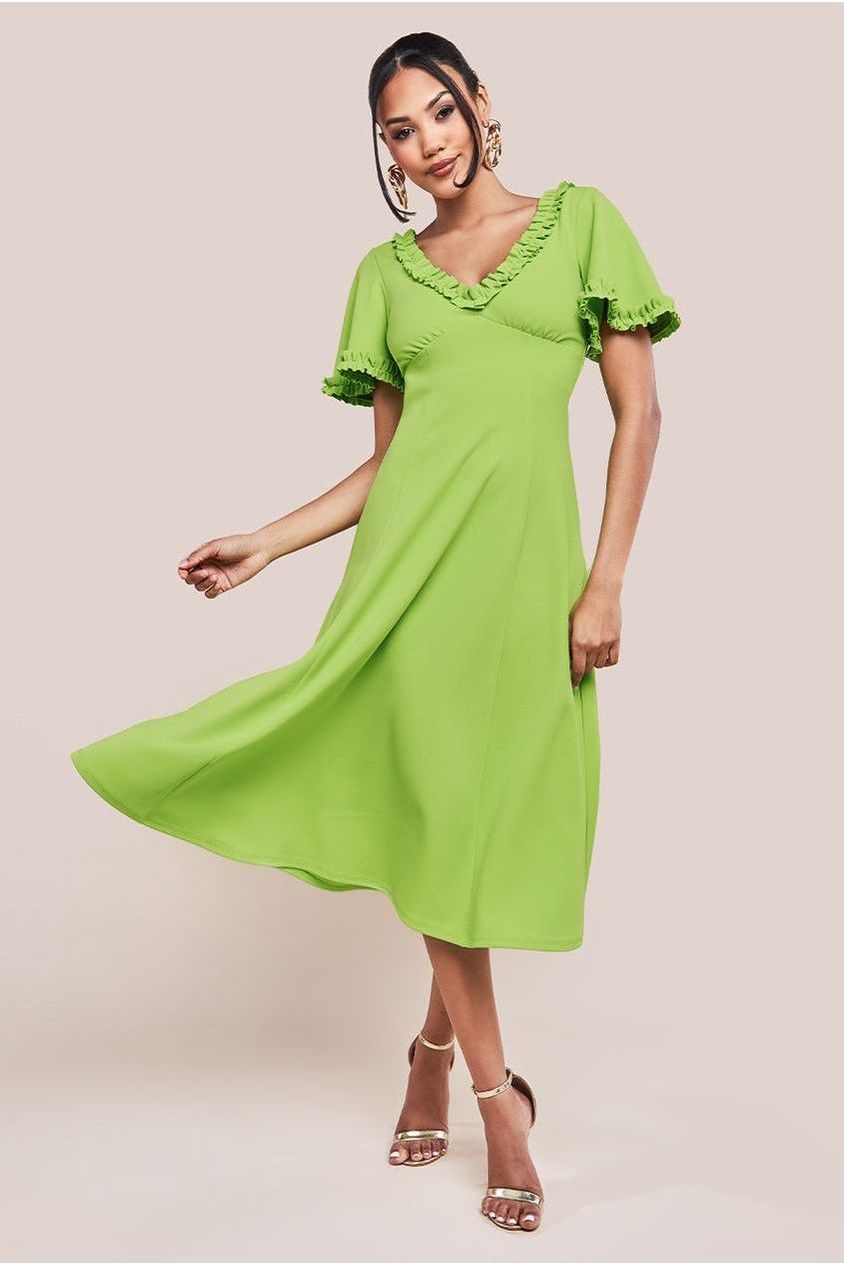 Goddiva Flare Sleeve Frill Edge Midi Dress