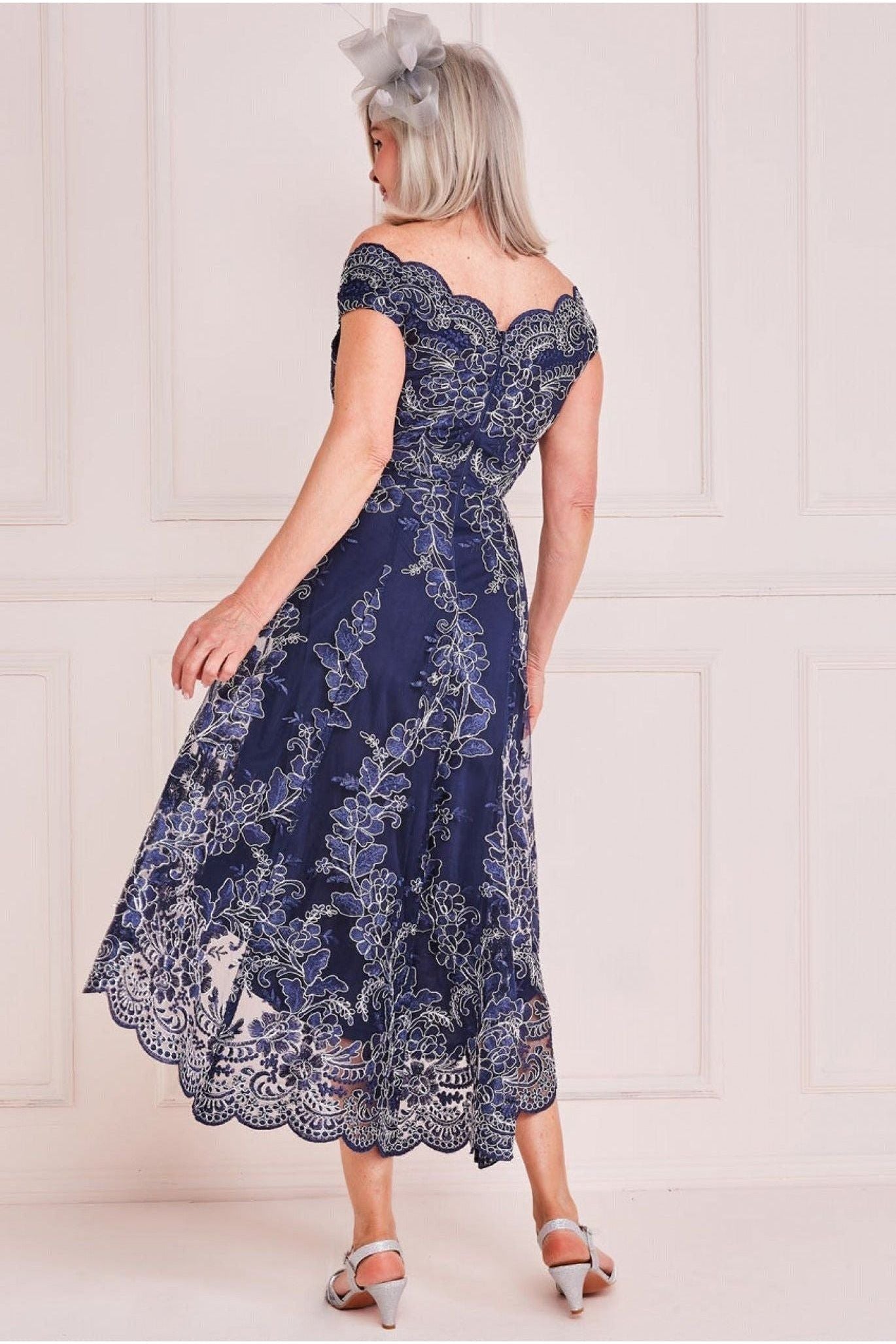 Goddiva Embroidered Lace High Low Midi Dress - Navy