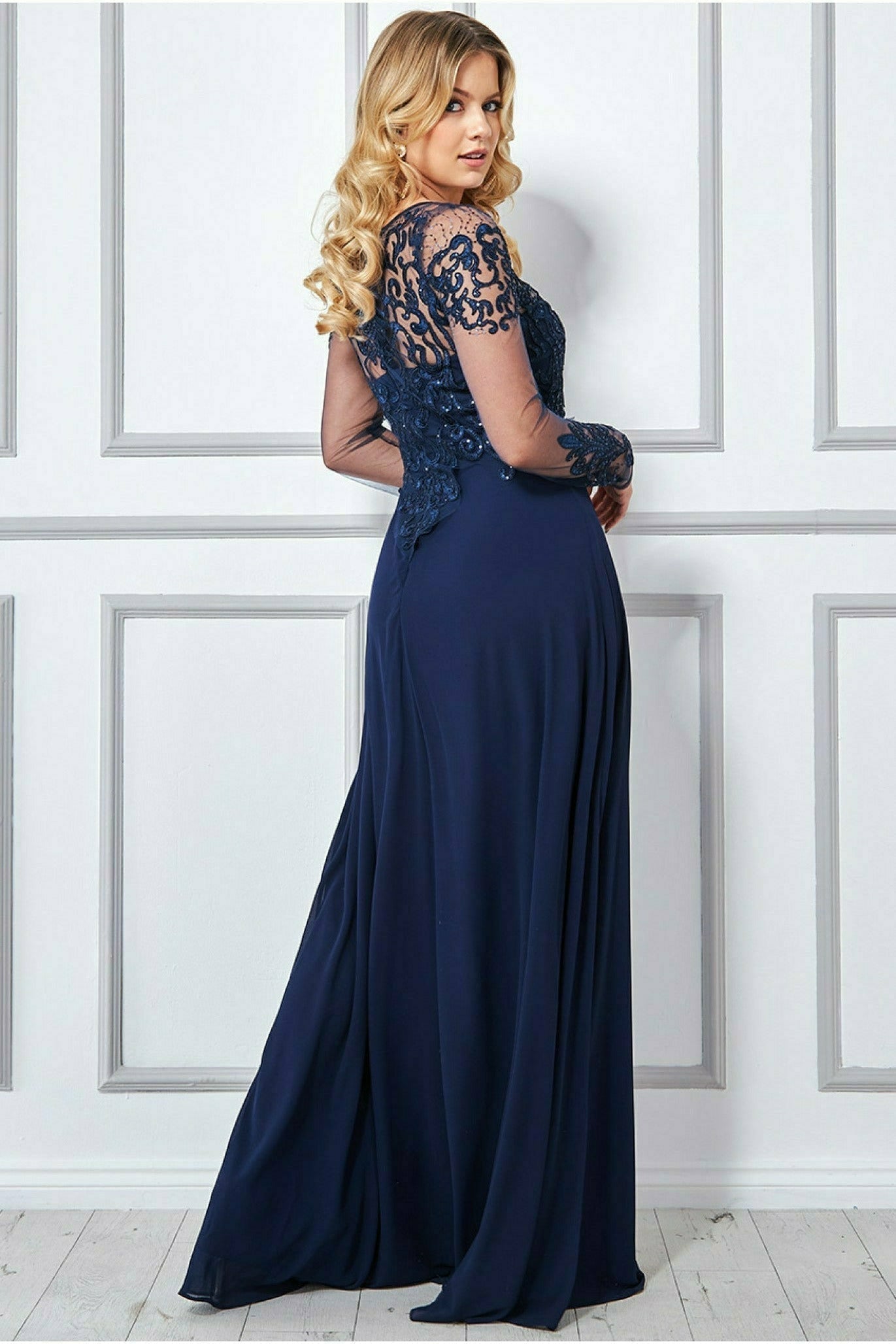 Goddiva Mesh & Lace Embroidered Bodice Maxi - Navy