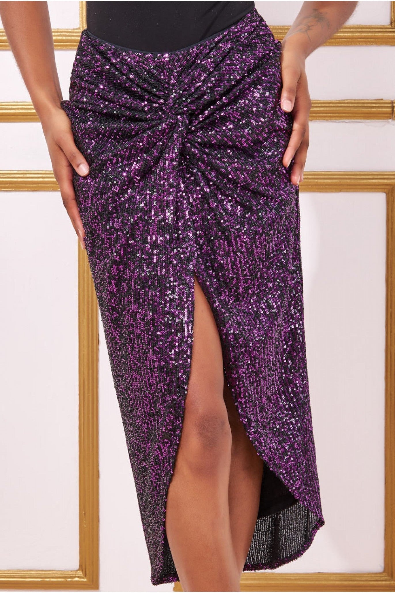 Goddiva Knot Front Sequin Midi Skirt - Purple