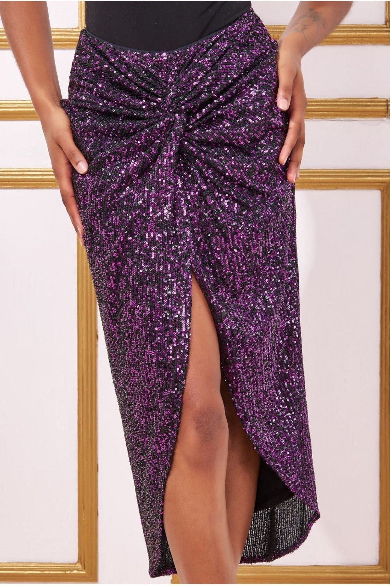 Goddiva Knot Front Sequin Midi Skirt - Purple