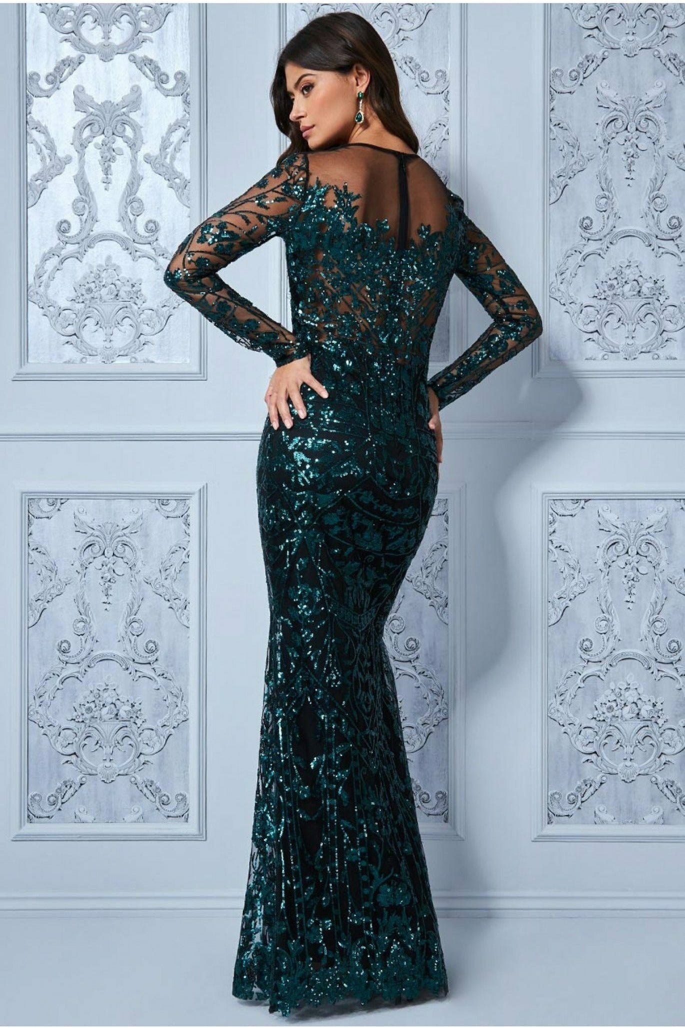 Goddiva Sequin Mesh Embroidered Maxi - Emerald Green