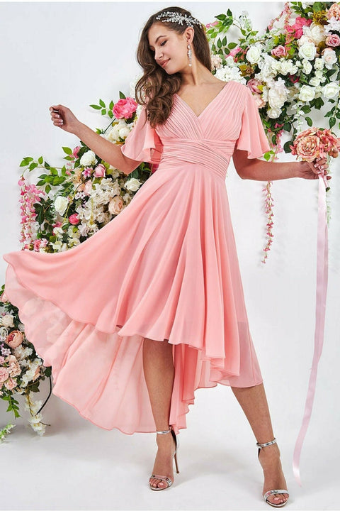 Goddiva Pleated Chiffon High Low Midi Dress - Peach