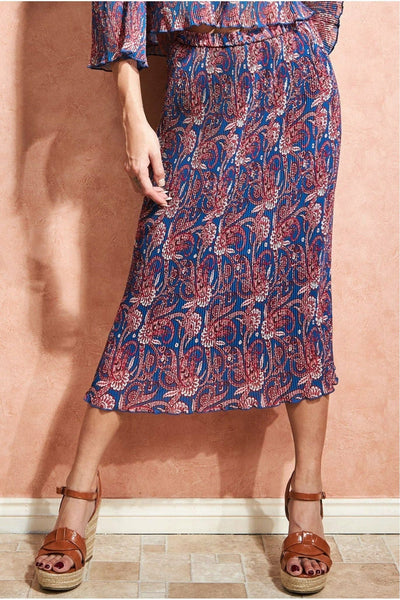 Blue - City Goddess Printed Shirred Midi Skirt - Blue
