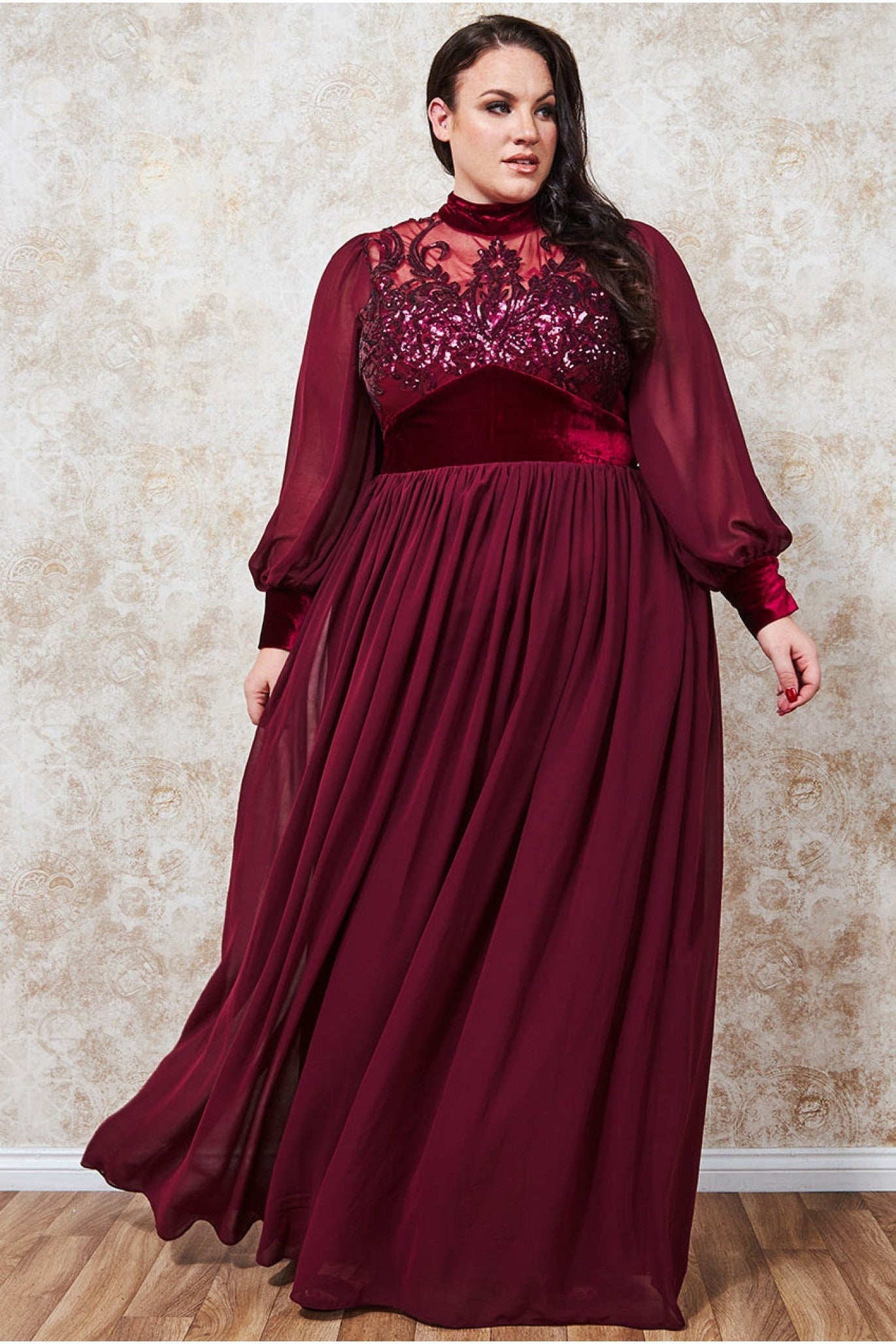 Goddiva Plus Velvet Band Sequin Bodice Maxi - Wine