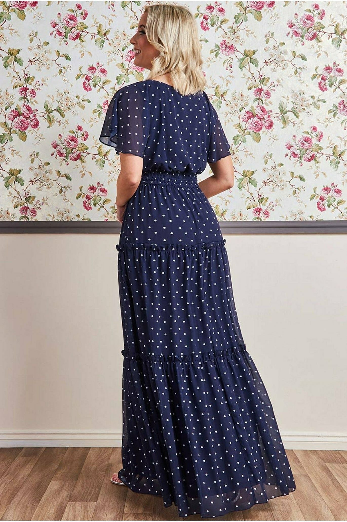 Goddiva Polka Dot Tiered Chiffon Maxi Dress - Navy