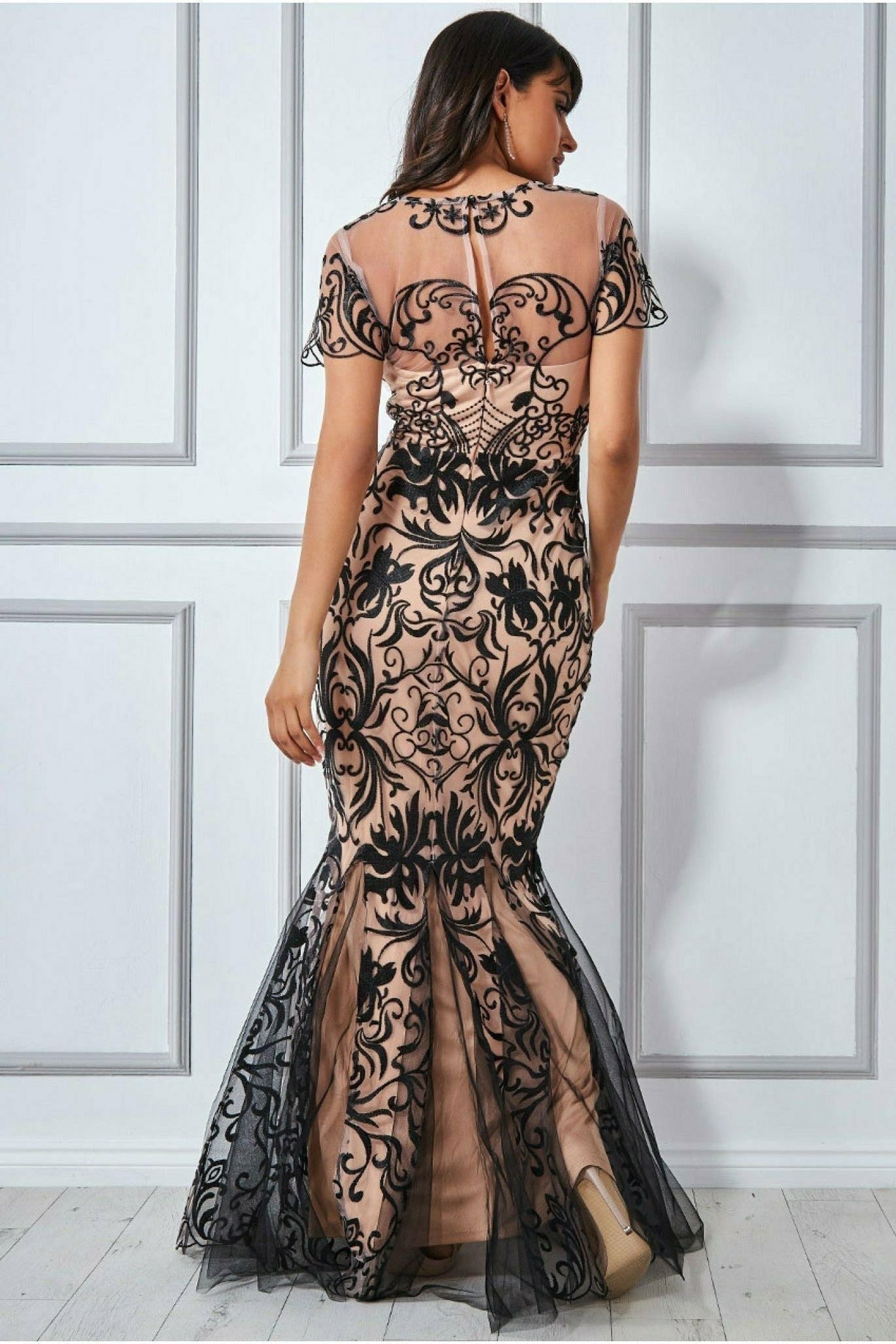 Goddiva Mesh & Lace Maxi With Scalloped Hem - Black