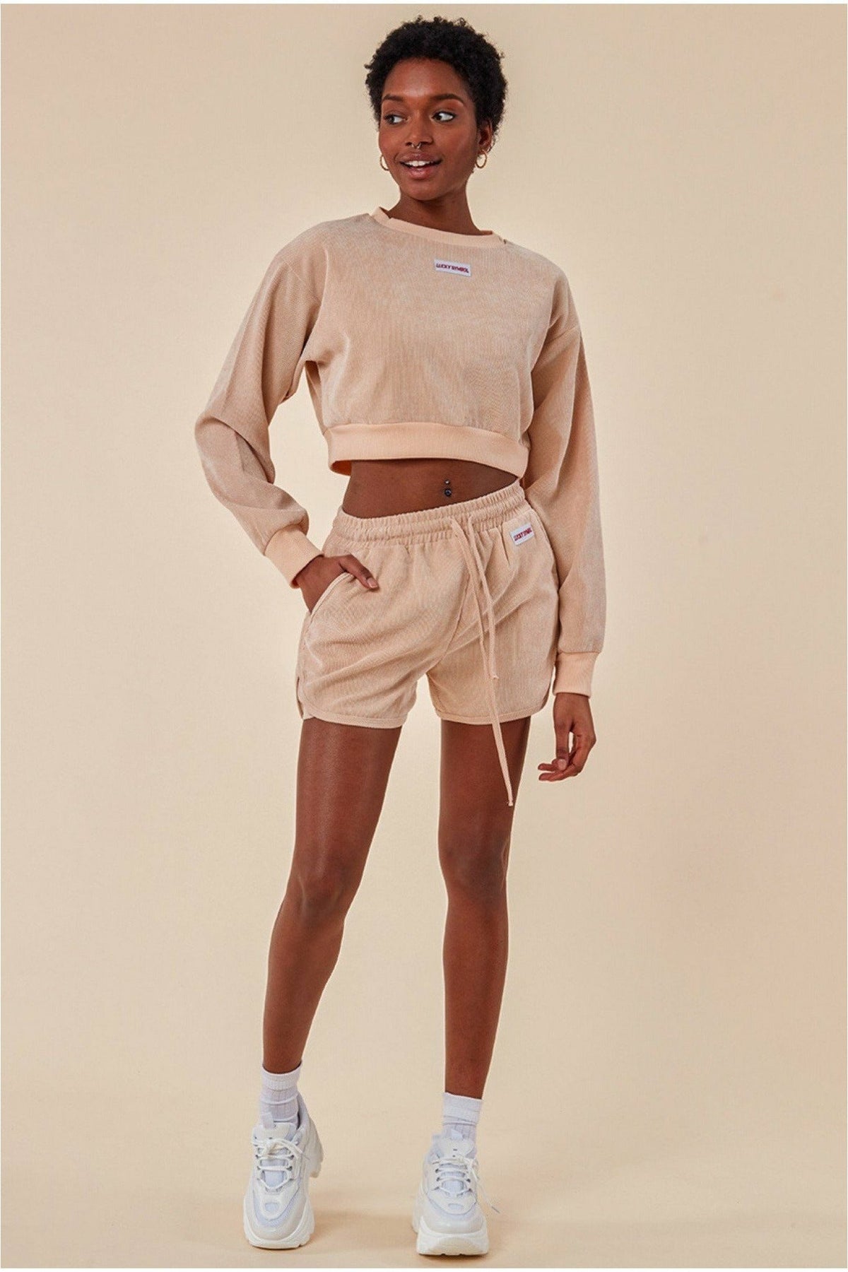 Cosmochic Oversized Cropped Sweater & Short Set - Beige