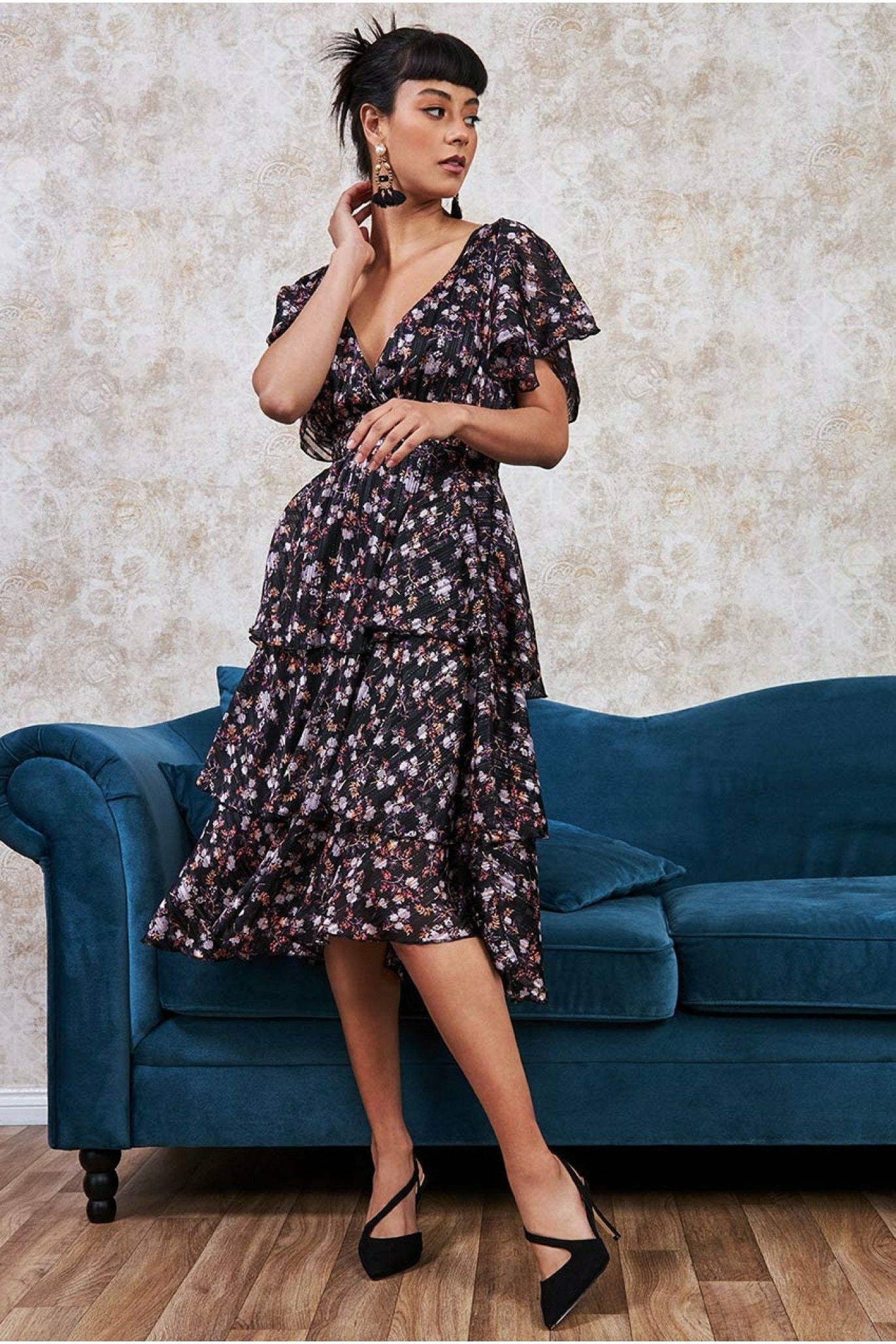 Goddiva Floral Layered Midi With Flutter Sleeves - Navy
