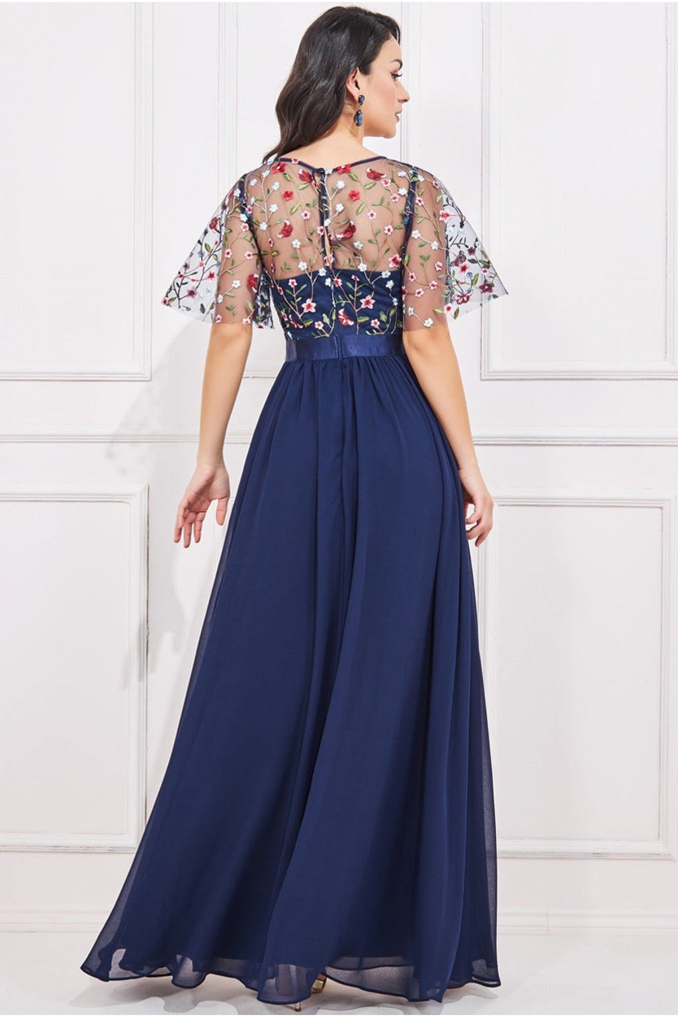 Goddiva Embroidered Top Flutter Sleeve Maxi - Navy