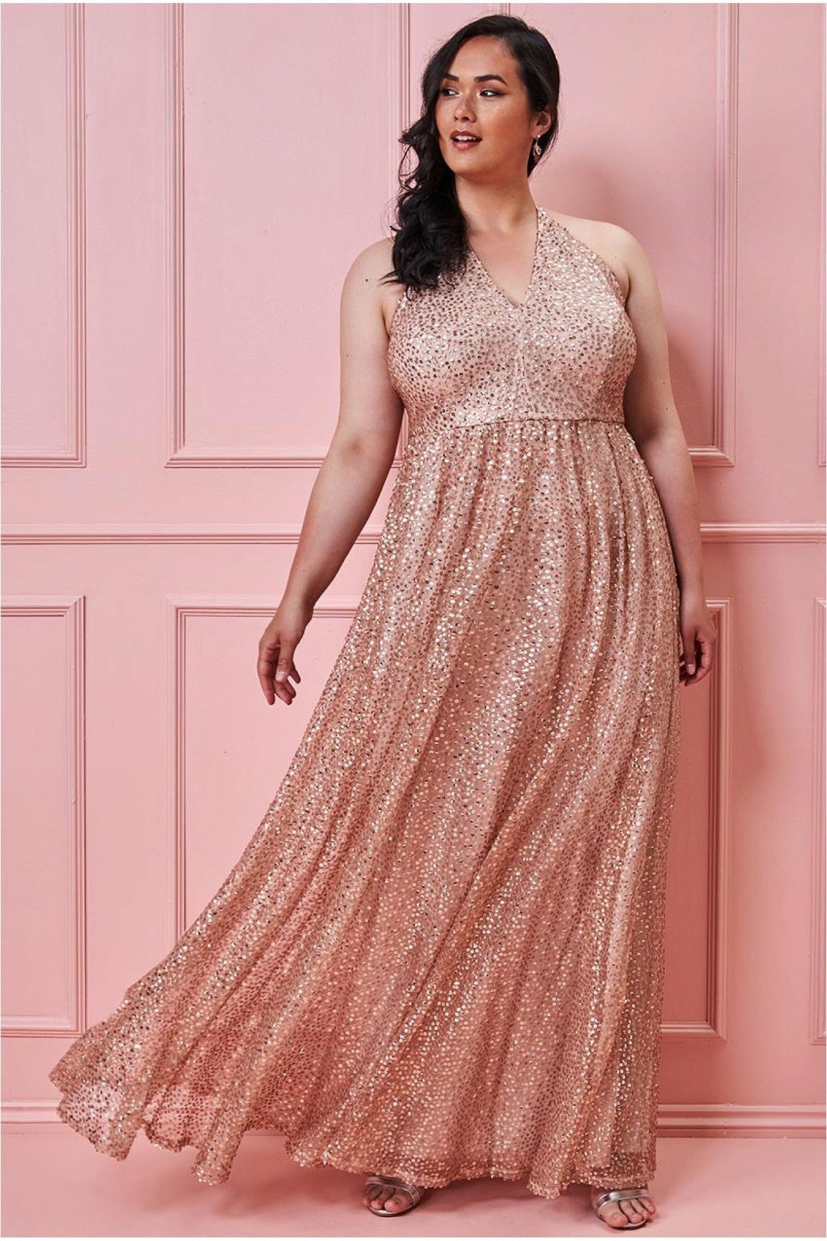 Goddiva Plus Sequin & Mesh Halter Neck Maxi - Champagne