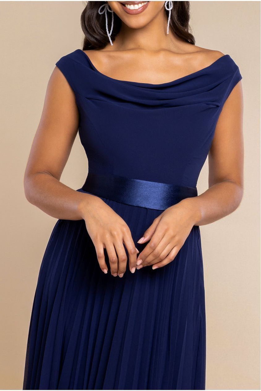 Goddiva Cowl Neck Pleated A-Line Chiffon Midi Dress - Navy Blue