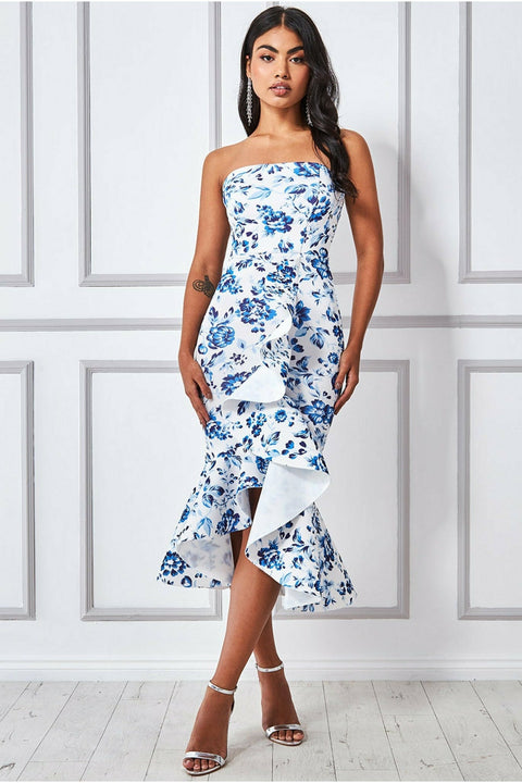 Goddiva Bow Bandeau Midi With Ruffles - Blue Print