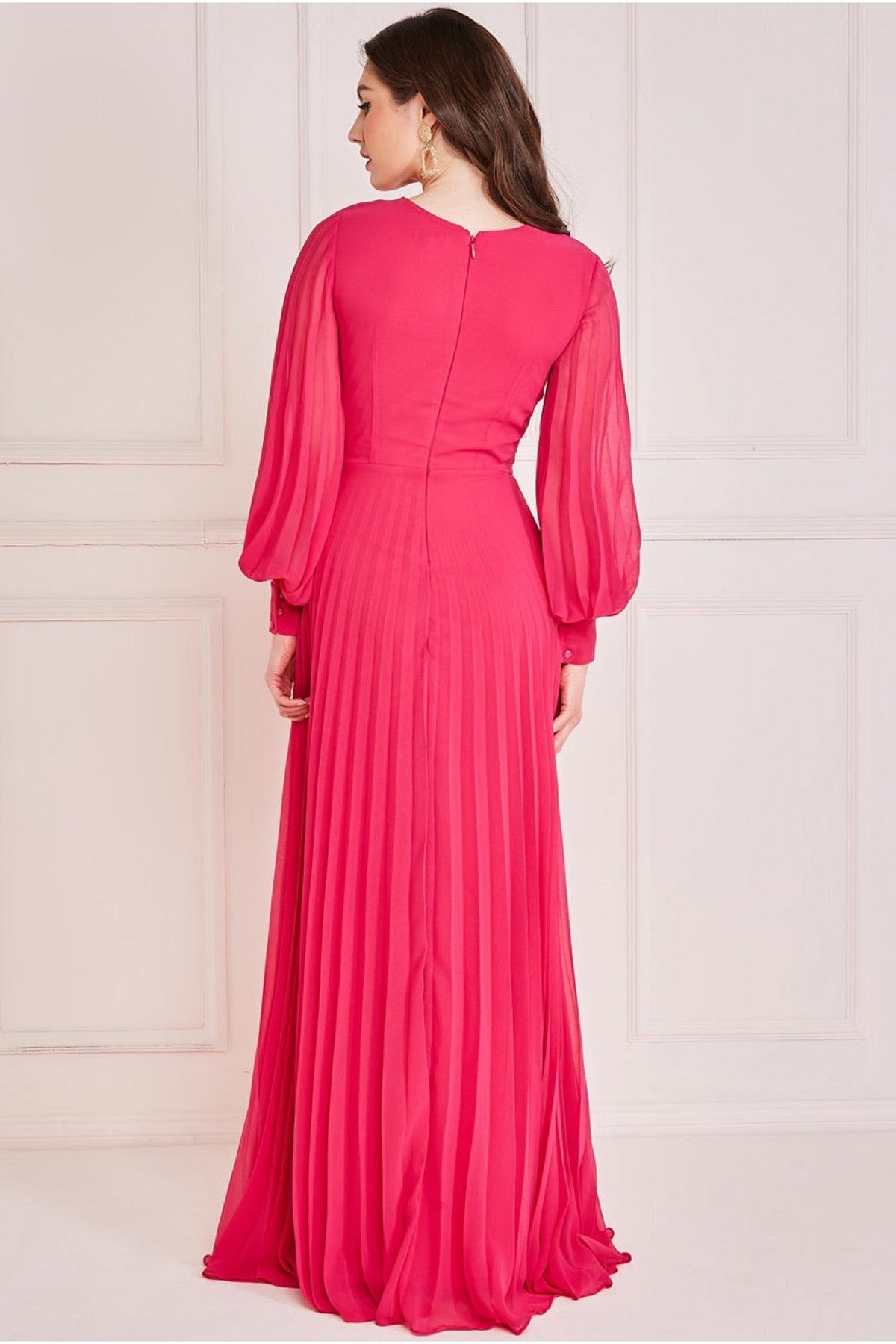 Goddiva Fully Pleated Chiffon Maxi Dress - Hot Pink