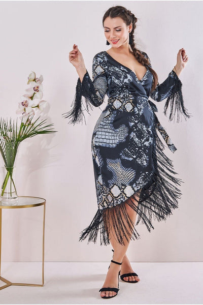 Black - Goddiva Maternity Tassel Foil Print Wrap Midi Black