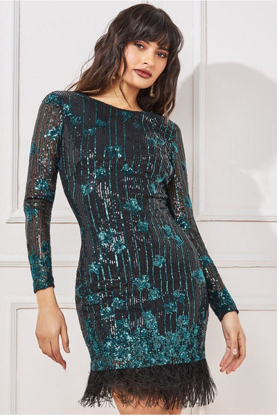 Emerald - Goddiva Sequin And Feather Open Back Mini - Emerald