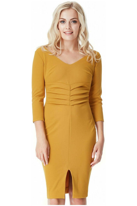 City Goddess V Neck Pleated Midi With Split Detail - Mustard