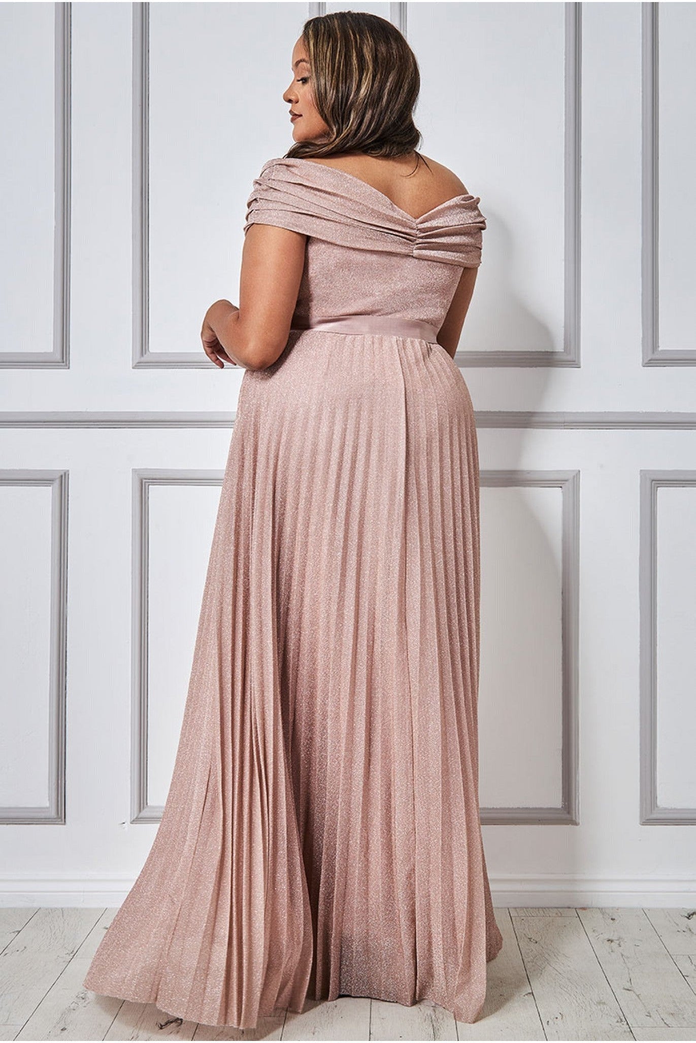 Goddiva Plus Bardot Pleated Skirt Maxi Dress - Blush