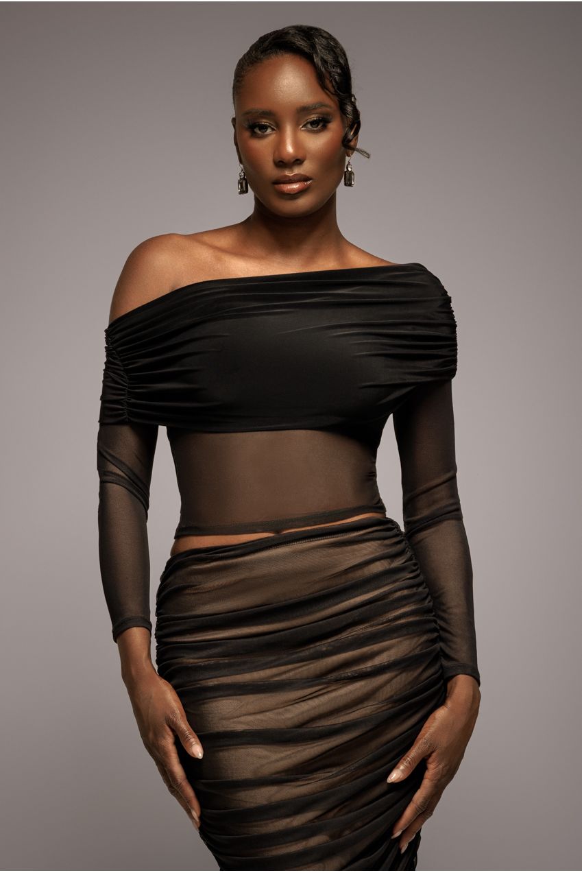Goddiva Gathered Bardot Asymmetric Mesh Panel Top - Black