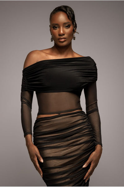 Black - Goddiva Gathered Bardot Asymmetric Mesh Panel Top - Black