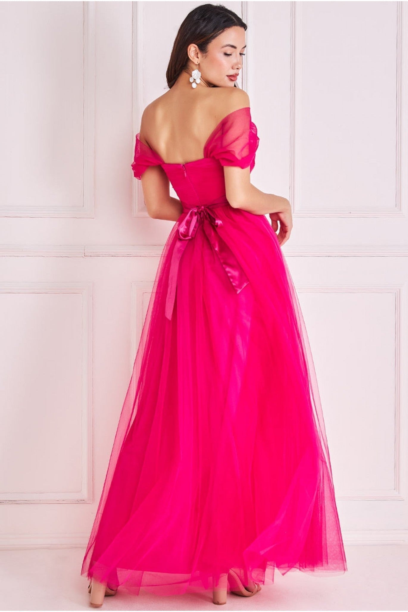 Goddiva Off The Shoulder Princess Maxi Dress - Hot Pink