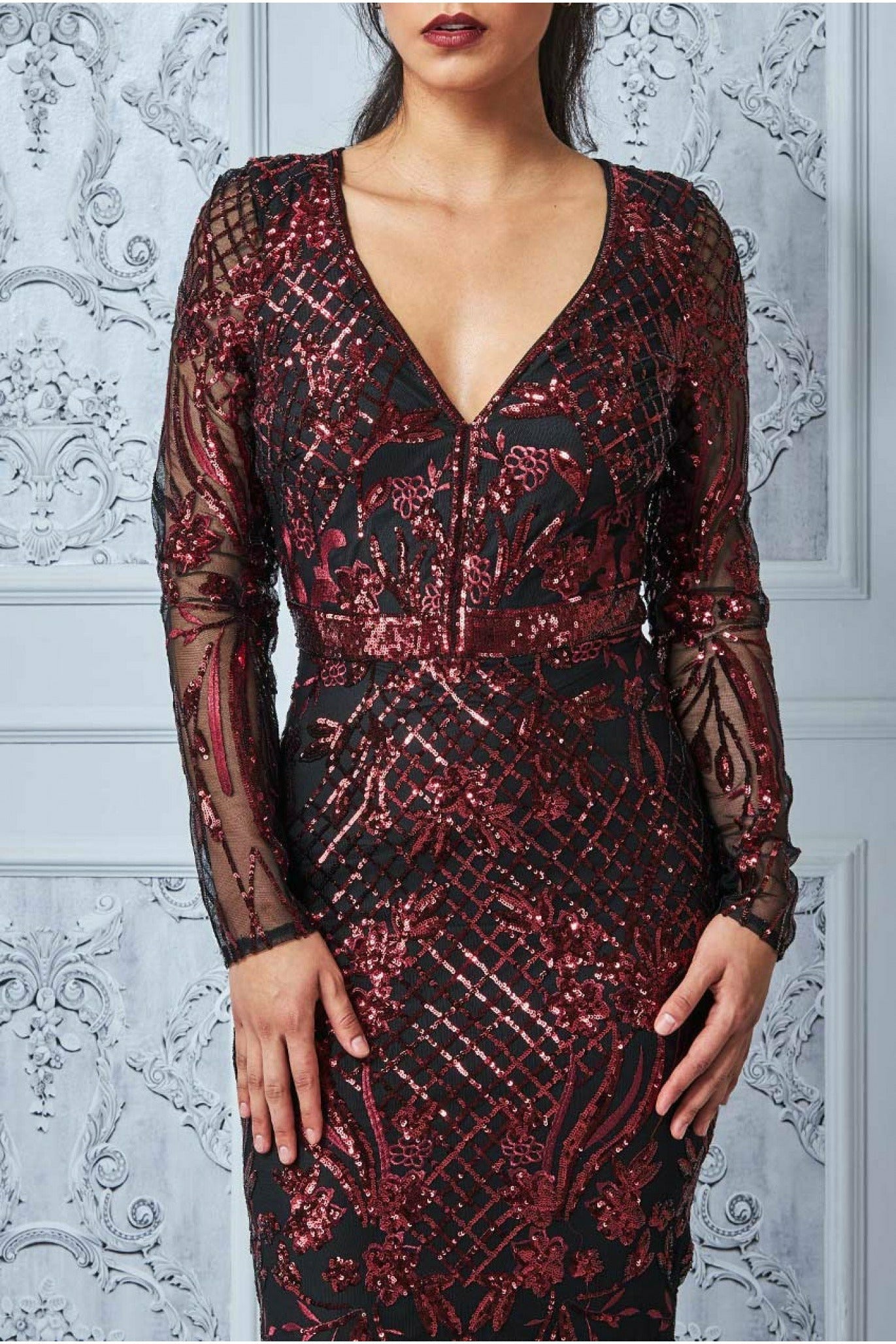 Goddiva Full Sleeve Sequin Evening Dress - Wine