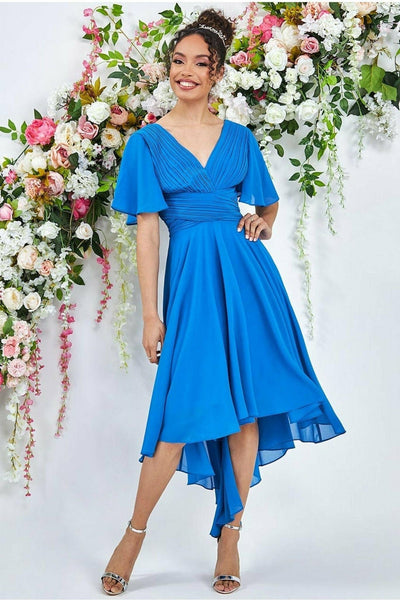 AtlanticBlue - Goddiva Pleated Chiffon High Low Midi Dress - Atlantic Blue